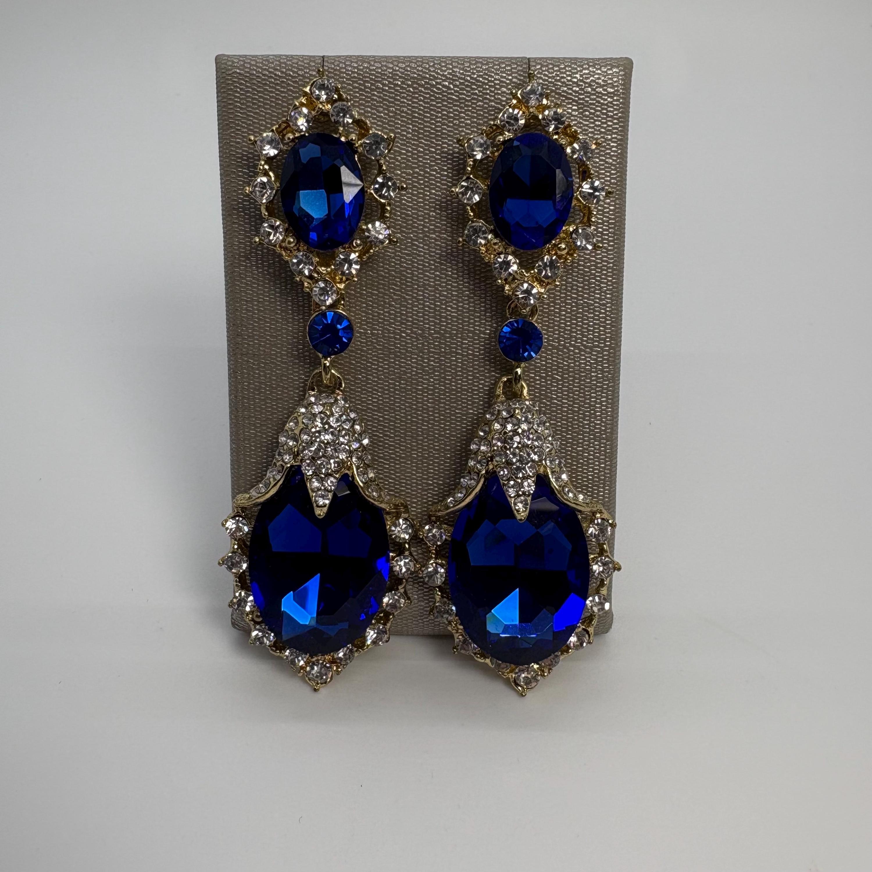 Royal Blue Crystal Halo Dangle Drop Gold Plated Clip On Earrings, Blue Crystal Dangle Earrings, Blue Sapphire Earrings, Long Blue Earrings