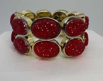 Double Row Red Crystal Statement Bracelet, Red Rhinestone Stretch Bracelet, Big Red Gold Wedding Bracelet