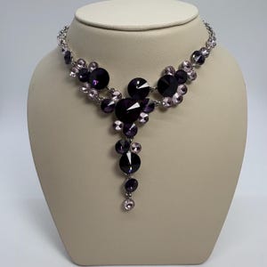 Silver Purple Pink Crystals Lariat Necklace & Earrings Set, Purple And Pink Lariat Necklace Set, Long Purple Y Shaped Necklace Set