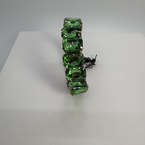 Green Rectangle Cut Crystal Stretch Gold Tone Bracelet, Green Crystal Stretch Bracelet, Green Prom Stretch Bracelet, Green Bridal Bracelet