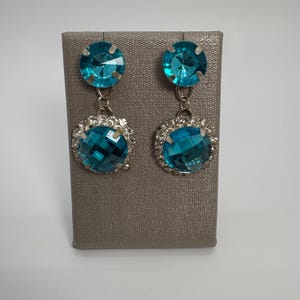 Aqua Blue Round Halo Crystal Fashion Earrings, Aqua Blue Dangle Earrings, Aqua Blue Halo Crystal Earrings, Aqua Blue Dangle Earrings