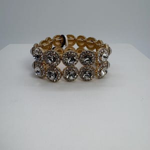 Double Round Clear Crystal Stretch Bracelet, Gold Wedding Bracelet, Gold And Clear Stretch Bracelet, Clear Crystal Stretch Bracelet