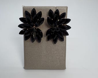 Black Crystal Flower Studs, Black Prom Earrings, Black Flower Earrings, Black Onyx Earrings, Big Black Earrings, Black Cluster Earrings