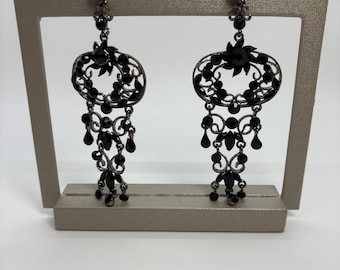 Vintage Black Rhinestone Chandelier Earrings - Art Deco Dangle Drop Statement Earrings For Special Occasions