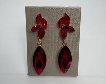 Red Crystal Marquise Drop Earrings, Red Rhinestone Dangle Earrings, Red Statement Earrings