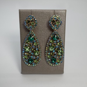 Multi Green Crystal Rhinestones Dangle Teardrop Statement Earrings, Multi Green Dangle Earrings, Green Tear Drop Dangle Earrings