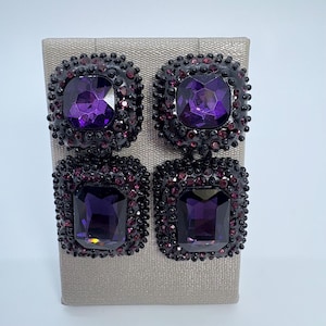 Purple Crystal Rectangle And Black Plated Statement Dangle Earrings, Purple Rectangle Dangle Earrings, Purple Dangle Geometric Earrings