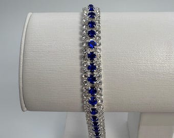 Royal Blue And Clear Crystal Round Bracelet, Blue Statement Bracelet, Blue Cluster Rhinestone Bracelet