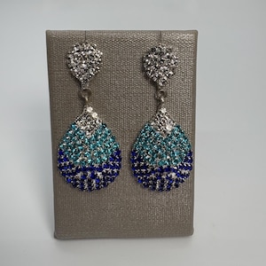 Multi Blue Crystal Dangle Drop Statement Earrings, White, Aqua And Royal Blue Earrings, Blue Dangle Earrings, Blue Tear Drop Shaped Earrings