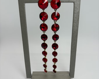 Long Red Round Crystal Dangle Earrings, Long Red Crystal Earrings, Long Red Dangle Earrings, Long Red Wedding Earrings