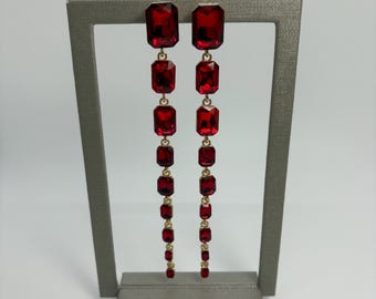 Long Red Statement Earrings, Red Gold Dangle Earrings, Red Geometric Dangle Earrings, Long Red Rhinestone Earrings