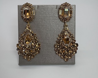 Golden Champagne Teardrop Cluster Crystal Earrings, Champagne Dangle Earrings, Big Champagne Earrings, Gold And Champagne Wedding Earrings