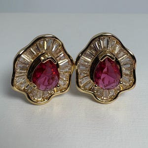 Ruby Stud Earrings, Art Deco Red And Clear CZ Earrings, Pear Shaped Ruby Bridal Earrings