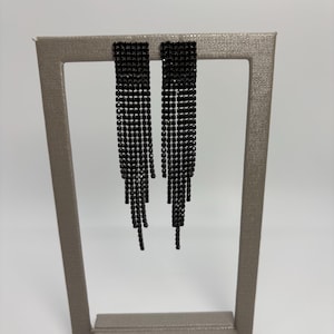 Long Black Rhinestone Fringe Tassel Earrings, Black Fringe Earrings, Long Black Rhinestone Earrings, Black Long Dangle Earrings
