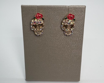 AB Rhinestone Sugar Skull Stud Earrings,  AB Skull Earrings, Crystal Stud Skull Earrings, Small Sugar Skull Earrings, iridescent Skull Studs