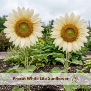 May include: Two Procut White Lite sunflowers with creamy white petals and a textured, light green and brown center. Each flower sits atop a sturdy, green, hairy stalk with broad, serrated green leaves. The text Procut White Lite Sunflower is visible.