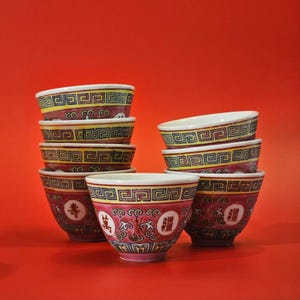 Chinese Porcelain &quot;Longevity&quot; Tea Cup, Mun Shou Longevity (Set of 8)