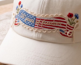 Embroidered Custom USA Flag Ribbon Hat, Personalized Coquette America 250th Anniversary Dad Cap, Vintage 4th July Banner Gift for Her
