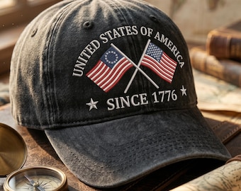 Embroidered Custom Crossed Flags Hat, Personalized Betsy Ross US Flag Dad Cap, Vintage Since 1776 Patriotic 4th July Gift for Men