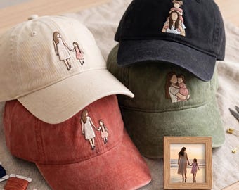 Embroidered Custom Photo Portrait Dad Hat, Personalized Line Art Family Washed Cap, Father's Day Gift for Men, Silhouette Mother Gift