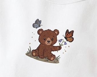 Embroidered Bear Cub with Butterflies Shirt, Cute Woodland Animal Tee, 100% Cotton Nature Lover Gift, Monarch Butterfly Stitched Apparel