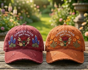 Gorro bordado con la frase "Garden Hair Don't Care Washed", regalo divertido para mujeres amantes de la jardinería, gorra de béisbol floral para amantes de las plantas, gorro vintage para jardineros de rosas.