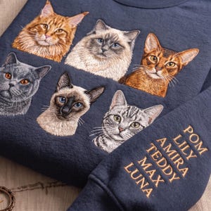 Custom Multi Cat Portrait Embroidered Sweatshirt, Personalized Multiple Pet Sweater with Sleeve Names, Siamese Ragdoll Maine Coon Gift