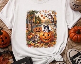 Comfort Colors Cute Kitten Halloween Shirt, Pumpkin Patch Cat Tee, Cottagecore Autumn T Shirt, Fall Cat Lover Top, Spooky Season Apparel