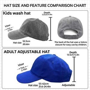 May include: A comparison chart of two hats: a gray kids' wash hat and a blue adult adjustable hat. The kids' hat has a 2.75-inch visor and a 20.6-inch hat size. The adult hat has a 2.75-inch visor and a hat size of 21.6-24.4 inches.