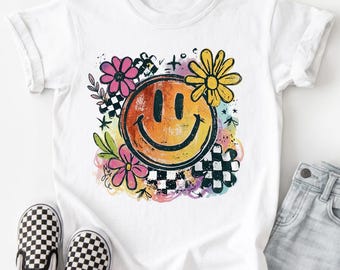Retro Smiley Face Comfort Colors Shirt, Groovy Flower Checkered Graphic Tee, 90s Y2K Aesthetic Smile Shirt, Distressed Preppy Floral Tee