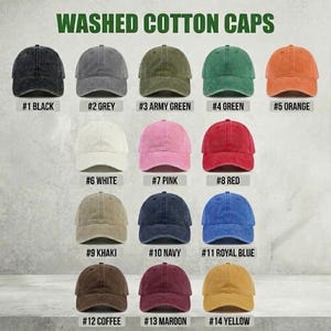 May include: A collection of washed cotton caps in various colors, including black, grey, army green, green, orange, white, pink, red, khaki, navy, royal blue, coffee, maroon, and yellow. Each cap is labeled with a number and color name.