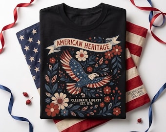 Retro American Heritage Eagle Shirt, Vintage 4th of July Patriotic Tee, Celebrate Liberty 1776 Floral Tshirt