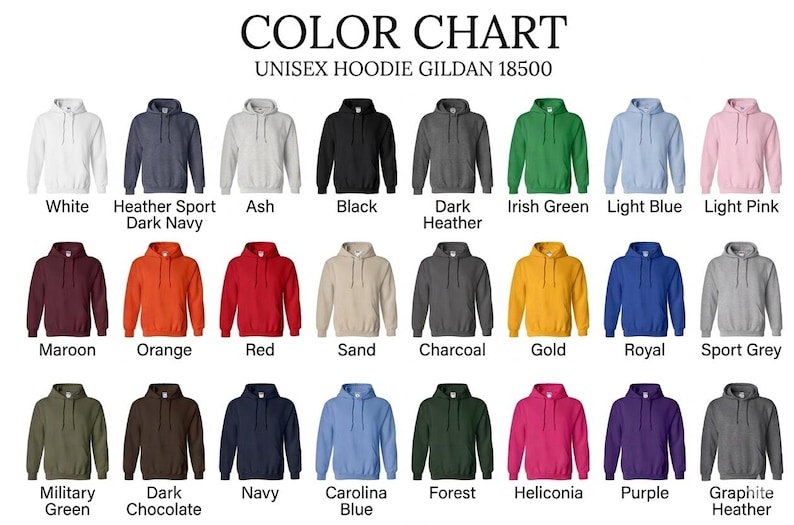 May include: Color chart of Gildan 18500 unisex hoodies in various colors, including white, black, navy, and green. The image displays a range of hues, from light pink to dark chocolate, with the names of each color printed below.