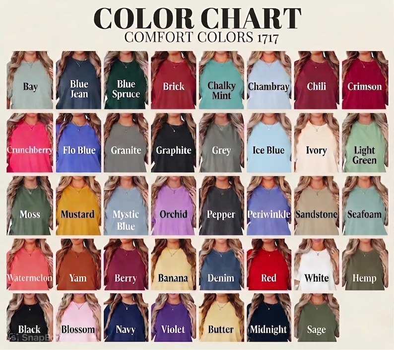 May include: A color chart titled "COLOR CHART COMFORT COLORS 1717" displays a variety of t-shirt colors. The chart includes colors such as Bay, Blue Jean, Blue Spruce, Brick, Chalky Mint, Chambray, Chili, Crimson, Crunchberry, Flo Blue, Granite, Graphite, Grey, Ice Blue, Ivory, and Light Green.