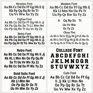 May include: A white background displays examples of various fonts, including Nineties, Modern, Figtree, Retro, Bold Italic, and College fonts. Each font is shown with the alphabet in uppercase and lowercase letters.