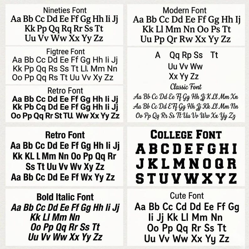 May include: A white background displays examples of various fonts, including Nineties, Modern, Figtree, Retro, Bold Italic, and College fonts. Each font is shown with the alphabet in uppercase and lowercase letters.