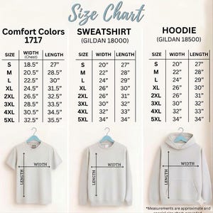 May include: Size chart for Comfort Colors 1717 t-shirts, Gildan 18000 sweatshirts, and Gildan 18500 hoodies. Includes measurements for width and length in inches for sizes S to 5XL. The chart also shows the style of each garment.