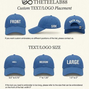 May include: Blue baseball caps with white text indicating placement options: front, side, and back arc. The image also shows text/logo size options: small (0.5" to 0.75"), medium (1" to 1.25"), and large (1.5" to 2"). The brand name is THETEELAB88.