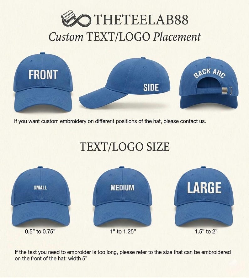 May include: Blue baseball caps with white text indicating placement options: front, side, and back arc. The image also shows text/logo size options: small (0.5" to 0.75"), medium (1" to 1.25"), and large (1.5" to 2"). The brand name is THETEELAB88.