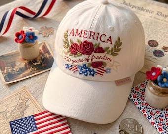 Embroidered Custom America 250th Anniversary Hat, Patriotic Floral Rose Dad Cap, Vintage 250 Years of Freedom USA Gift for Her