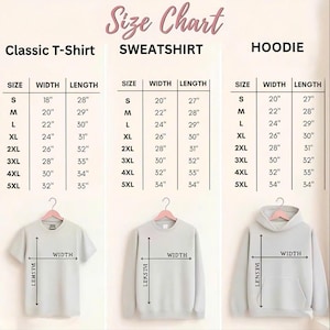 Puede incluir: Tabla de tallas para camisetas cl&aacute;sicas, sudaderas y sudaderas con capucha. Las medidas se proporcionan en cent&iacute;metros para el ancho y el largo, desde la talla S hasta la 5XL. Incluye diagramas.