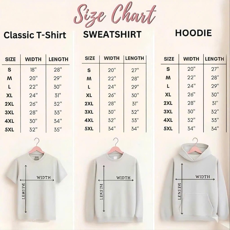 Puede incluir: Tabla de tallas para camisetas cl&aacute;sicas, sudaderas y sudaderas con capucha. Las medidas se proporcionan en cent&iacute;metros para el ancho y el largo, desde la talla S hasta la 5XL. Incluye diagramas.