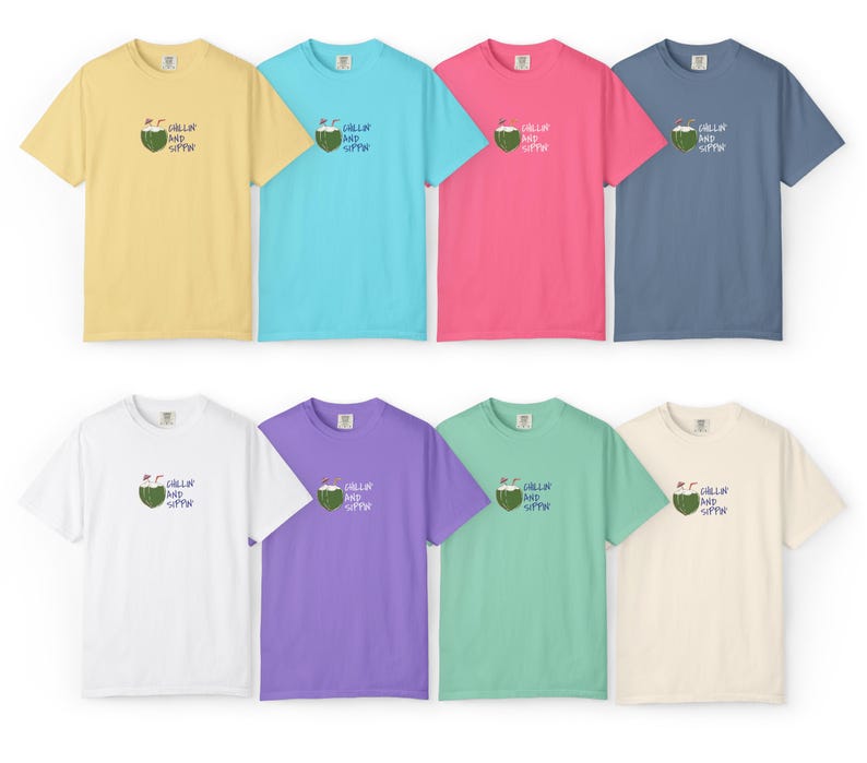 May include: Eight short-sleeved t-shirts in various colors, including yellow, blue, pink, and white. Each shirt features a small graphic of a coconut with the text "Chillin' and Sippin'" in blue.