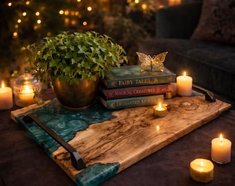 Electric emerald green olive wood epoxy charcuterie board
