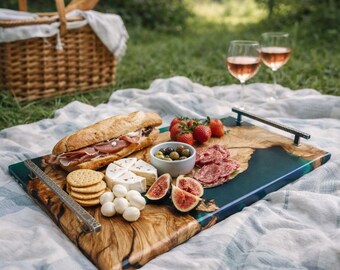 Translucent deep green olive wood epoxy charcuterie board