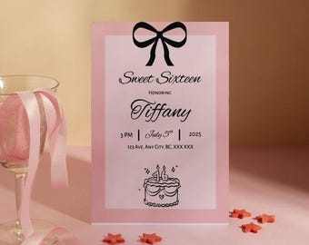 Stylish Black and Pink Bow Birthday Party Invite | Editable Invitation