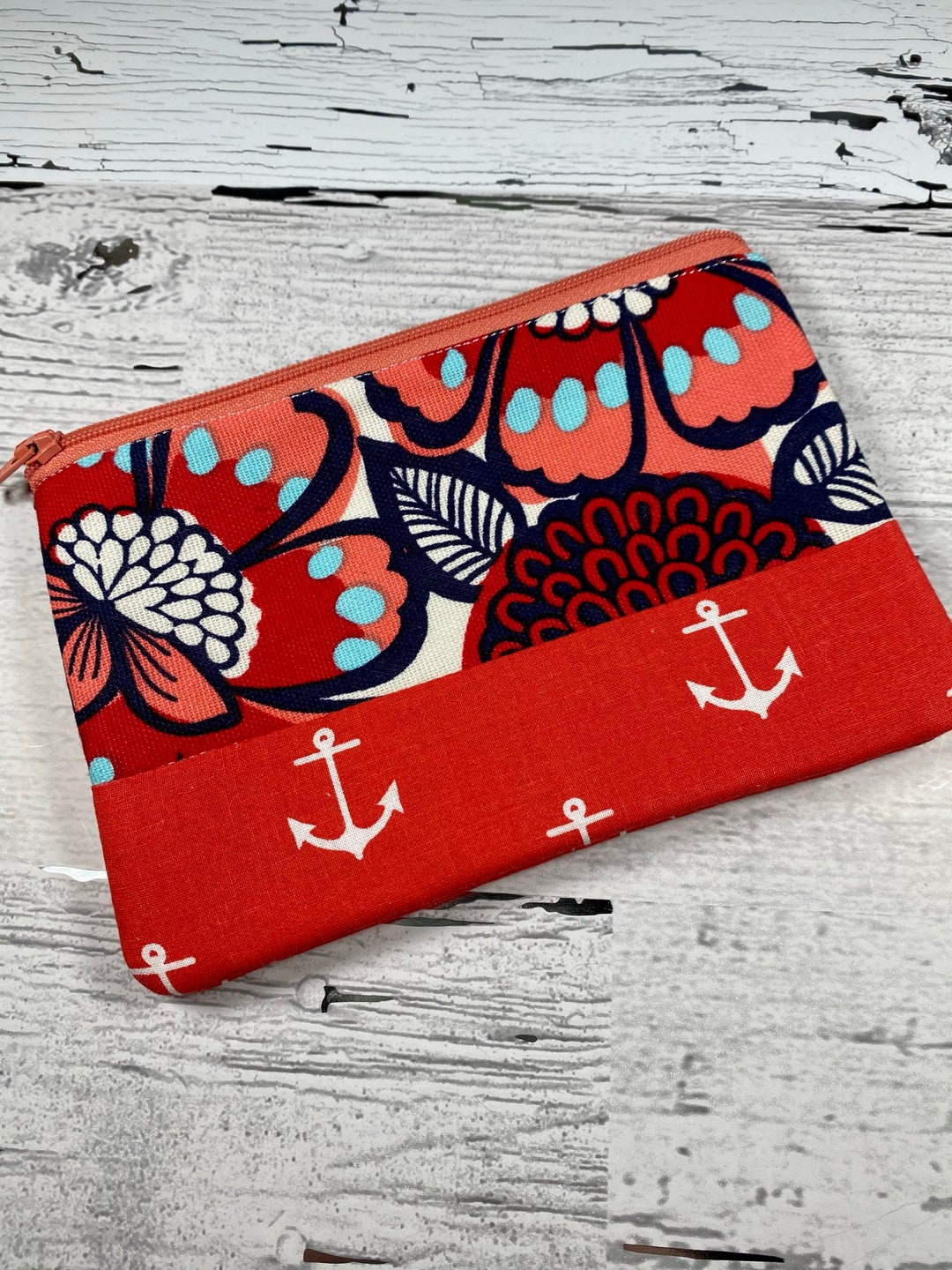 Coral Nautical Zipper Bag Zipper Pouch Makeup Bag Etsy