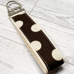 Brown Spectator Dots Wristlet Keychain Fob: Cotton Fabric Key Lanyard