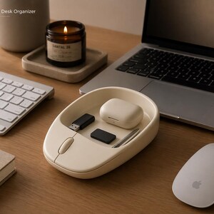 Op de afbeelding: Een minimalistische bureau-organizer in cr&egrave;me kleur, in de vorm van een computermuis, bevat een paar draadloze oortelefoons, een USB-stick en een pen. Een brandende kaars in een glazen pot staat op een klein dienblad. Een laptop, toetsenbord en muis staan ook op het houten bureau.