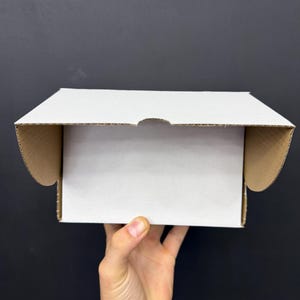 May include: A white cardboard box with the flaps open, held by a hand. The interior of the box is white, while the inside of the flaps is brown. The background is a solid black.
